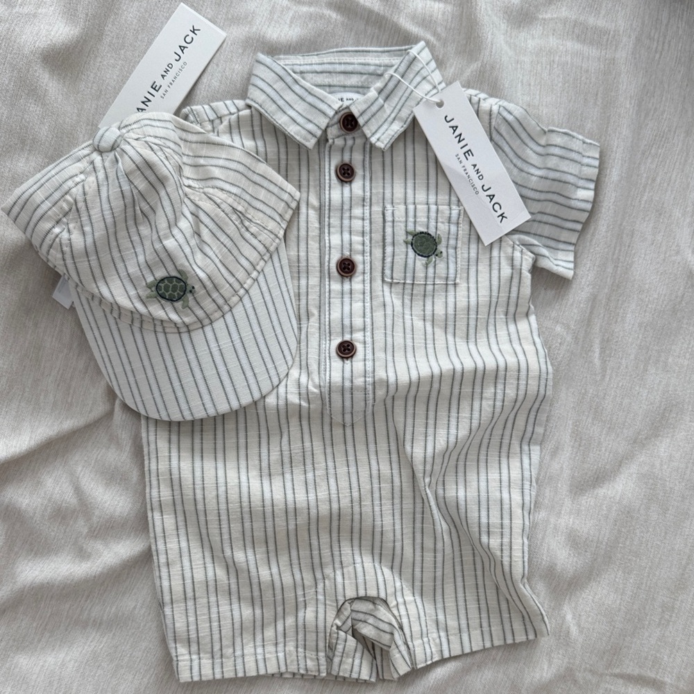 Janie and Jack Pinstripe Romper and Cap Set